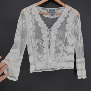 Fairycore Coquette Y2K Mesh Lace One Button Flare Sleeve Top Small Ivory Boho